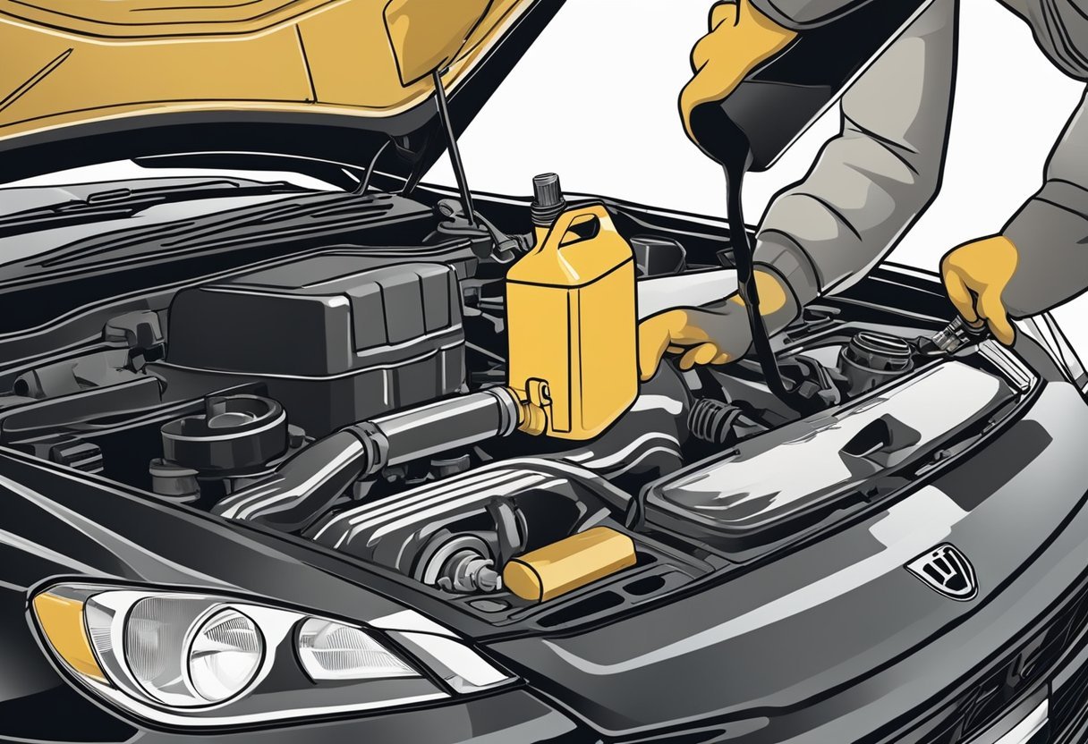 A person draining old oil from a car engine, replacing the oil filter, and pouring fresh oil into the engine. Cleaning up any spills and checking for leaks